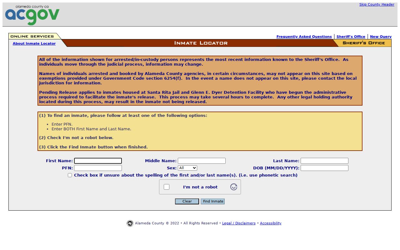 Pleasanton residents directory reference to Alameda County Sheriff inmate locator