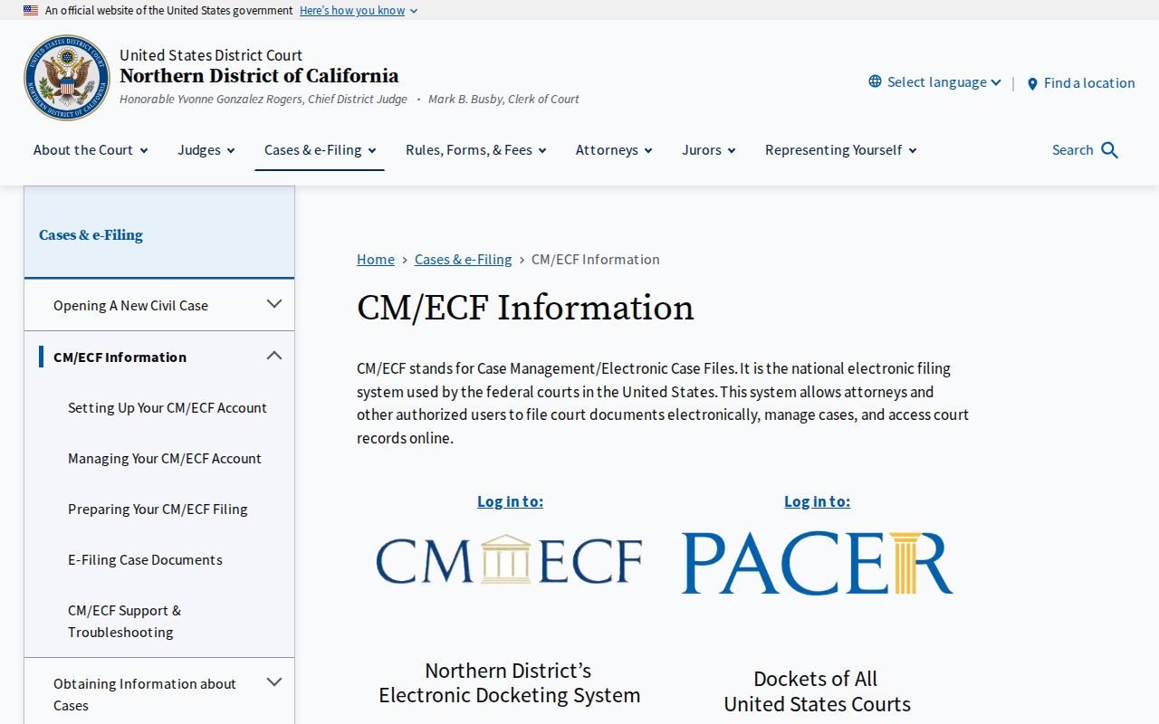 Pleasanton previous residents federal court records access through Northern District CM/ECF
