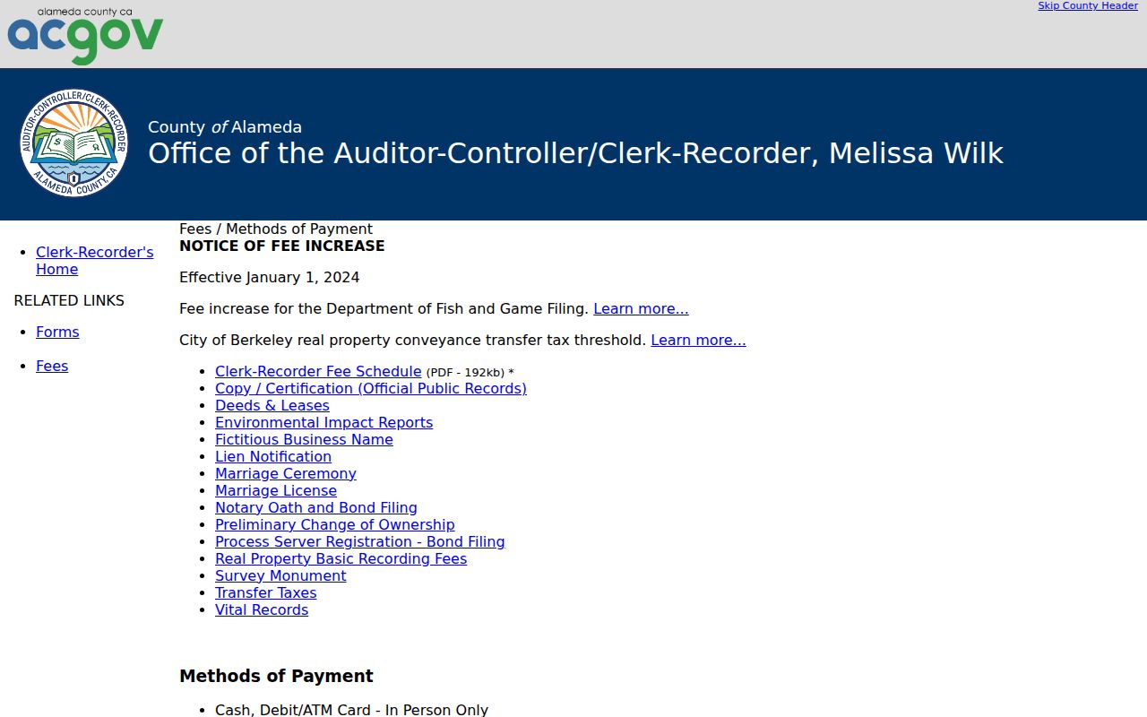 Pleasanton street directory view of Alameda County Clerk-Recorder fees