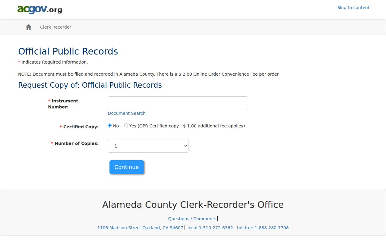 Pleasanton street directory view of the Alameda County official records copy order